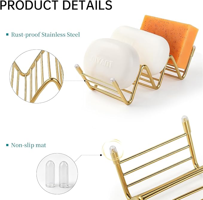 Stainless Steel Soap Dish Self Draining Bar Soap Holder, Gold | Reversible Design Fits 2-3 Bars - Image 3