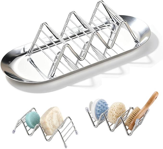 Shampoo Bar Soap Holder for Bath with Drip Tray, Wave Shape Large Capacity | Stainless Steel, Quick Dry