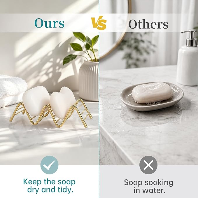 Stainless Steel Soap Dish Self Draining Bar Soap Holder, Gold | Reversible Design Fits 2-3 Bars - Image 2