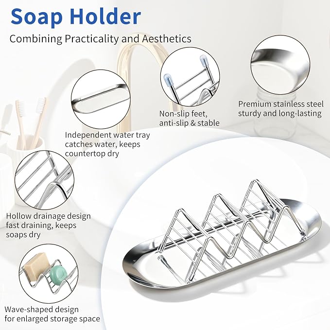 Shampoo Bar Soap Holder for Bath with Drip Tray, Wave Shape Large Capacity | Stainless Steel, Quick Dry - Image 2