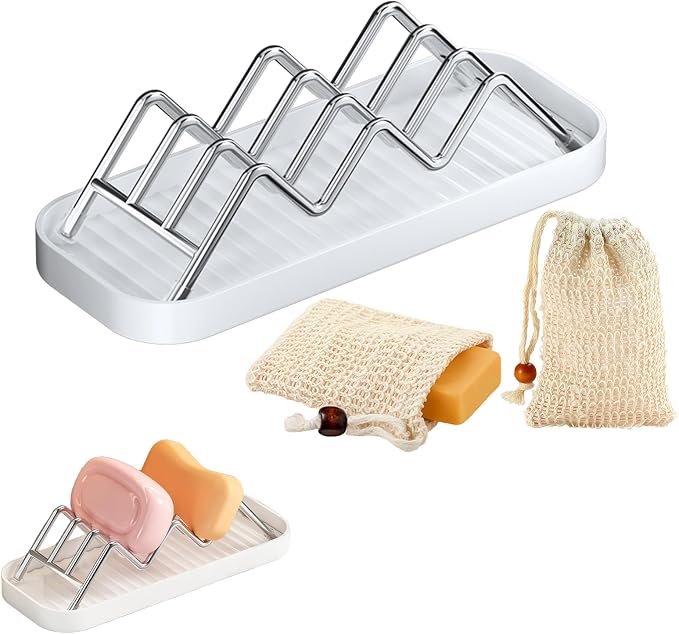 Thick Stainless Steel Soap Holder with 2 Soap Saver Bags, Self-Draining Shampoo Bar Holder with Removable Drip Tray